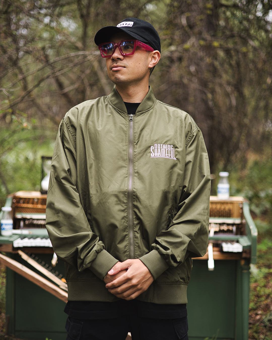 Lightweight Embroidered Bomber Jacket - Olive Green